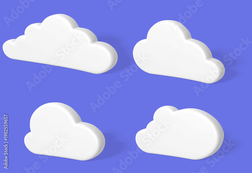 ミニマルでやわらかい立体感の白いクラウドアイコンセット、青背景に浮かぶシンプルな3D雲オブジェクトコレクション