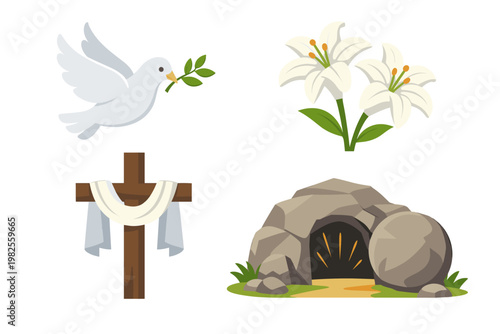 Easter Symbols Collection with White Dove Carrying Olive Branch, Lilies, Wooden Cross with Shroud, and Empty Tomb with Rolled Stone, Flat Vector Illustration for Christian Resurrection Celebration