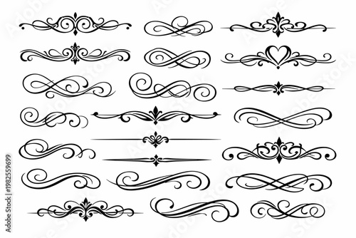 Elegant Set of Calligraphic Swirls and Decorative Flourishes. Vintage Vector Ornaments for Wedding Invitations, Menus, and Certificates. Filigree Dividers, Borders, and Scroll Design Elements.