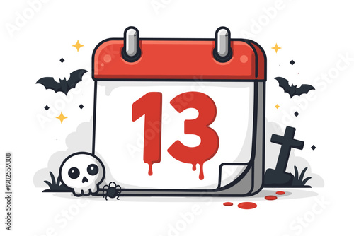 Friday the 13th Calendar Icon Vector Illustration with Dripping Blood Number 13, Cute Skull, Bats, Spider, and Gravestone. Spooky Halloween Theme for Bad Luck and Superstition Concept.