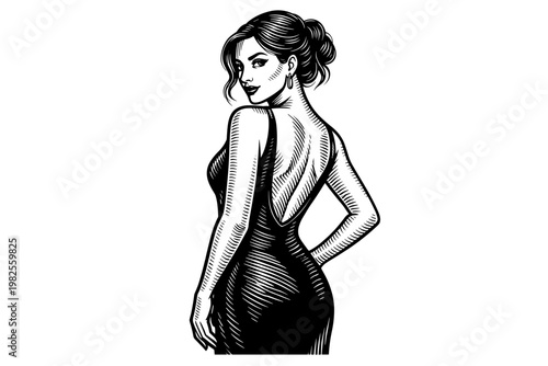 Elegant woman in a sleek backless evening dress looking over her shoulder with a confident fashion pose, stylish black and white engraving style vector illustration for beauty and lifestyle themes.