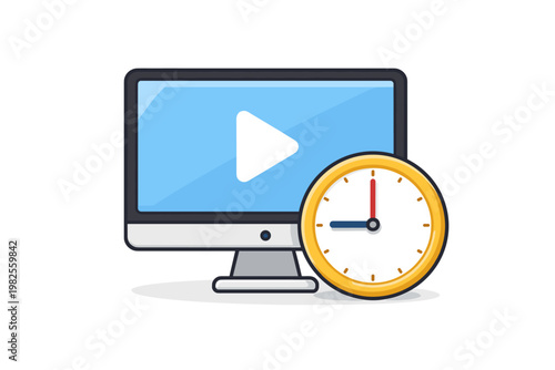 Flat Vector Illustration of a Computer Monitor with a Play Button and a Clock, Representing Video Watch Time, Online Streaming Duration, Screen Time Management, and Digital Media Consumption