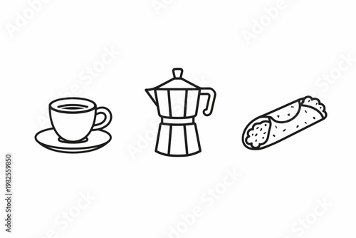 Coffee Cup Moka Pot and Cannoli Line Art Icons Authentic food Gastronomy Local cuisine Traditional d