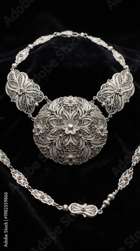 Luxury Indonesian silver filigree jewelry inspired by traditional craftsmanship from Kotagede, Yogyakarta. The intricate handmade silverwork features delicate floral patterns and fine detailing, captu