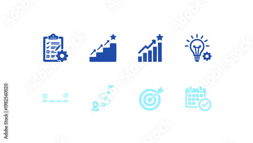 Icons with charts, reports, and performance tracking elements.