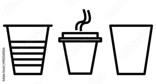 A vector illustration of a paper coffee cup icon with a straw and a plastic soda drink container, featuring a recycle symbol and web button sign for a shopping cart beverage buy