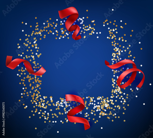ネイビーブルー背景に舞い散るゴールドとホワイトの紙吹雪と赤いリボンで構成された華やかな円形フレーム装飾バナー素材