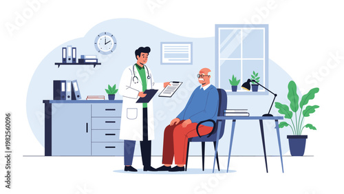 Professional male doctor in a white coat consulting with an elderly man sitting in a clinical office with medical documents.
