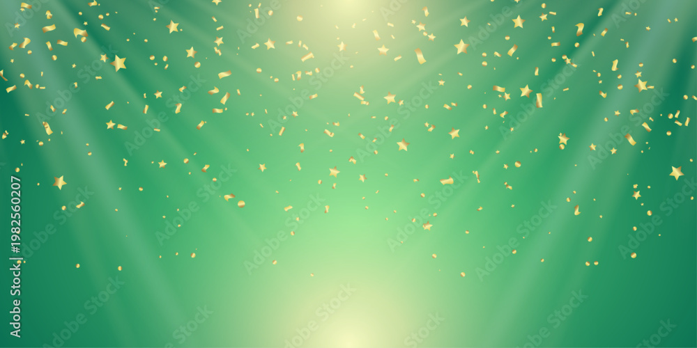 Obraz premium 上方から降り注ぐ金色の紙吹雪と柔らかな光線が広がるグリーングラデーション背景素材｜高級感・祝賀・イベント向け抽象デザイン