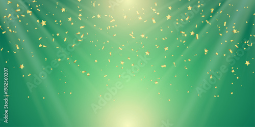 上方から降り注ぐ金色の紙吹雪と柔らかな光線が広がるグリーングラデーション背景素材｜高級感・祝賀・イベント向け抽象デザイン