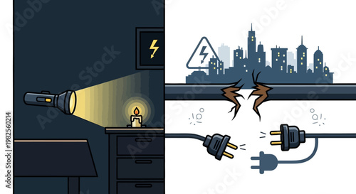Split-screen illustration contrasts a flashlight illuminating a bedside table with a candle during a power outage on one side, while broken electrical wires disrupt a city skyline