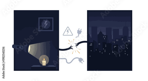 Graphic illustration depicting a power outage with a lit candle and city skyline shown side-by-side with broken electrical wires and warning signs in between, against a dark blue background