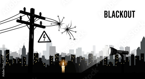 Silhouette illustration shows a city during a blackout with a lit candle in the foreground, a power pole with wires damaged by electrical arcs, against a stark black and white background