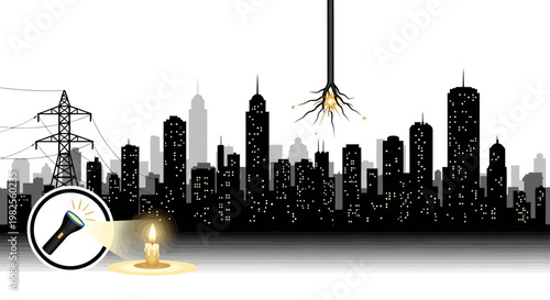 A conceptual silhouette of a city skyline contrasts traditional and modern energy sources, featuring a candle and flashlight alongside an electrical tower, conveying a stark choice