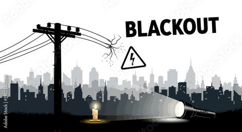 A monochrome vector illustration depicts a blackout with a broken power line on a pole, a candle, and a flashlight illuminating the darkness against the backdrop of a city skyline