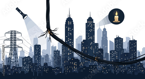 Against a cityscape silhouette, a damaged power line is spotlighted, contrasting a flashlight with a candle, creating a symbolic illustration of energy infrastructure vulnerability