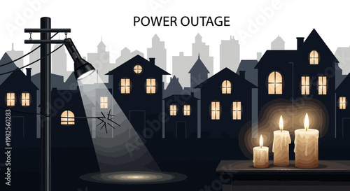 Vector illustration depicting a power outage with a broken street lamp casting light on a house with candles burning in the foreground, set against a dark cityscape to evoke a somber