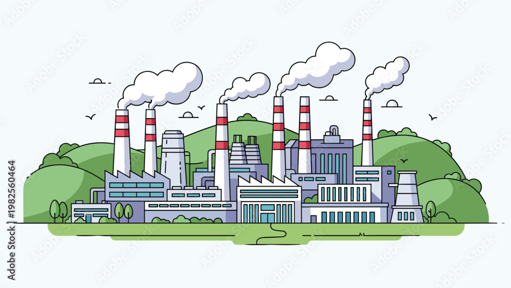 Fototapeta premium Industrial factory landscape featuring multiple smoking chimneys, cooling towers, and factory buildings against green hills.