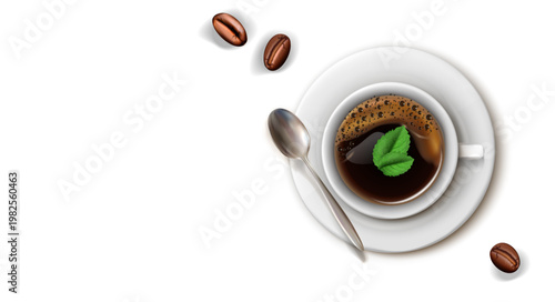 白いカップに注がれたコーヒーとコーヒー豆が配置されたミニマルで清潔感のあるカフェイメージ背景素材