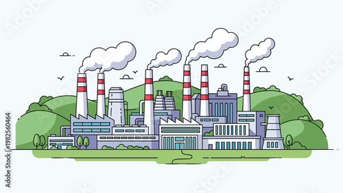 Industrial factory landscape featuring multiple smoking chimneys, cooling towers, and factory buildings against green hills.