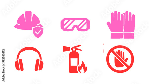 Protective gear icons including helmet, gloves, and fire safety tools.