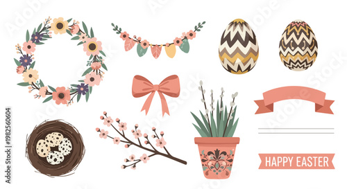 A charming collection of pastel Easter holiday vector elements, including a floral wreath, decorated eggs, a bird's nest, spring blossoms, and festive banners.