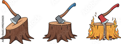 Axe Set in Tree Stumps with Colorful Handles and Fire Effect for Logging, Forestry, and Outdoor Adventure Designs