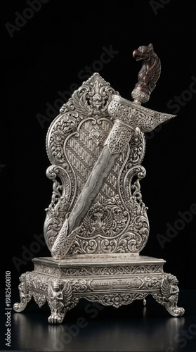 A luxurious silver miniature of the traditional Indonesian keris dagger, featuring an iconic wavy blade and intricate ornamental handle. This handcrafted piece symbolizes Indonesian royal heritage and