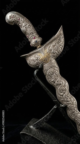 A luxurious silver miniature of the traditional Indonesian keris dagger, featuring an iconic wavy blade and intricate ornamental handle. This handcrafted piece symbolizes Indonesian royal heritage and