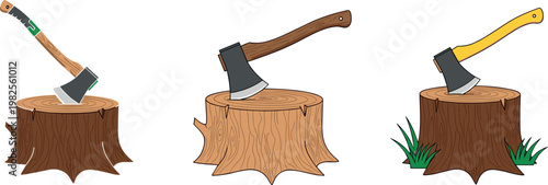 Axe Set in Tree Stumps with Green, Brown, and Yellow Handles for Logging, Forestry, and Outdoor Designs