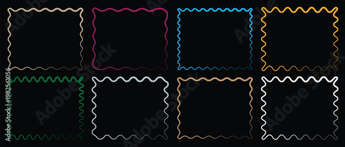 Outline border frame set. rectangle shape frame with zigzag edge. outline wavy zigzag rectangle frames set on black background.