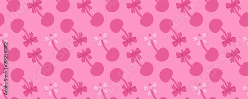 Cute pink seamless pattern with cherries, bows and checkered elements in retro girly aesthetic. Ideal for wallpaper, textile and fashion prints. Stock vector illustration in cartoon style.