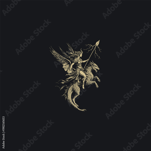 illustration of a mythical female warrior with large feathered wings, riding a scaly dragon and wielding a spear crackling with lightning