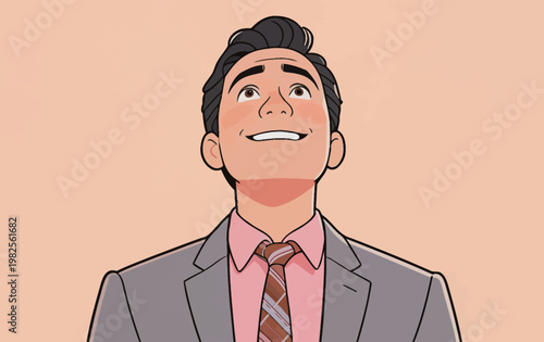 Smiling Businessman in Formal Suit Looking Up