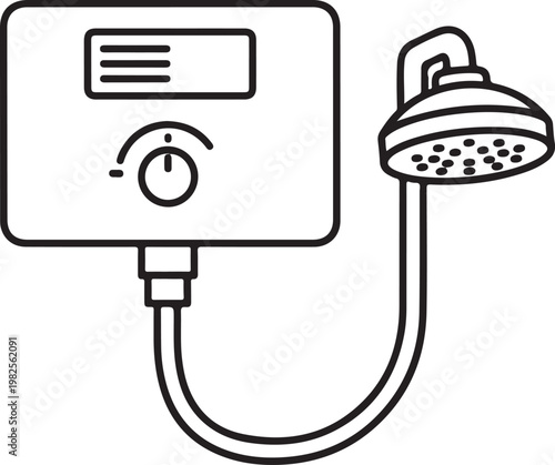 Shower water heater and showerhead set, bathroom plumbing equipment for hot water supply on transparent background.