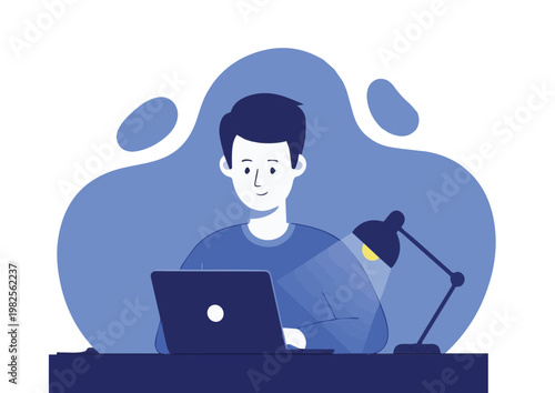 man with laptop computer late night working