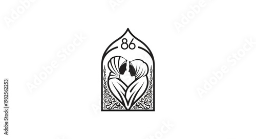Symbolic representation of two figures with a religious motif and the number 86.
