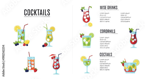 Cocktail icons, colorful drink illustrations, vector cocktails, mixed drinks graphics