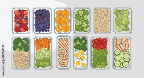 A colorful illustration of various healthy foods in glass containers including fruits and vegetables arranged in two rows on a light gray background, Generative AI.