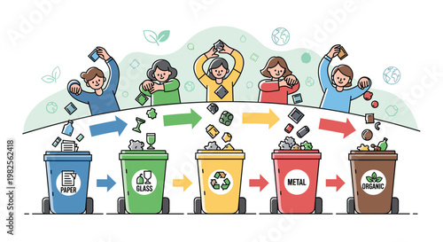 A colorful illustration of people recycling paper glass metal and organic waste into separate bins promoting ecofriendly practices and sustainability in a fun and engaging way, Generative AI.