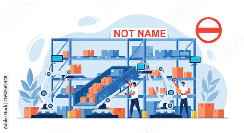 Vector illustration of a warehouse with workers and robots handling boxes on shelves and conveyor belts in a factory setting, Generative AI.