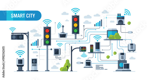 Smart city infrastructure with connected devices and traffic lights, Generative AI.