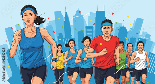 A group of people running in a marathon with a city skyline in the background with confetti, Generative AI.