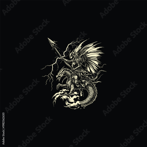 illustration featuring a winged knight with a spear riding a dragon amidst lightning strikes.