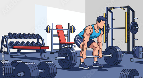 Man lifting weights in a gym with various exercise equipment around him including dumbbells and a weight rack, Generative AI.