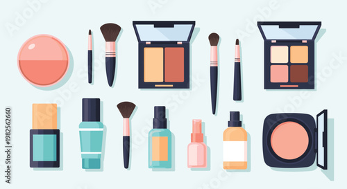 Colorful illustration of various makeup products and brushes on a light green background, Generative AI.