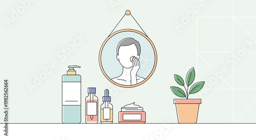 A colorful illustration of a womans skincare routine with various products and a plant on a shelf with a mirror, Generative AI.
