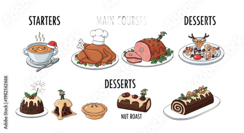 Food icons, restaurant menu items, vector illustrations, meal courses