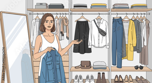 Woman standing in front of a large mirror in her spacious walkin closet choosing what to wear, Generative AI.