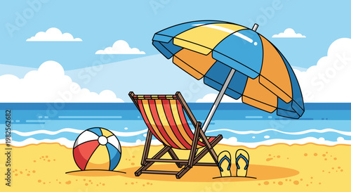 A colorful beach scene with a striped deck chair umbrella and ball on the sand by the ocean on a sunny day with clouds, Generative AI.